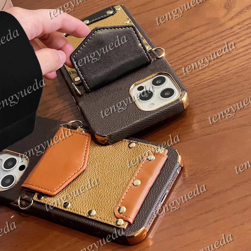 Fashion Designer Phone Cases for iPhone 17 Series 16 16pro 15 14 13 12 11 pro max Leather Card Holder Luxury Cellphone Case Cover with Lanyard-image-764093778