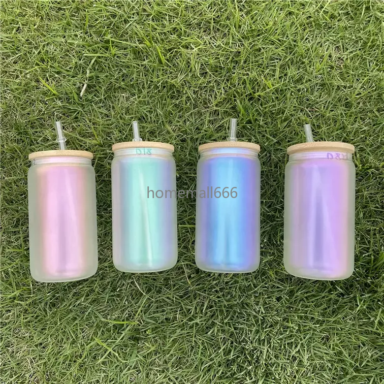 

16oz Iridescent Glass Tumblers with Bamboo Lid Short Sublimation Laser Colors Frosted Glasses Cola Beer Can Beverage Drinking Bottles DIY Heat Transfer Cups AA, As pic