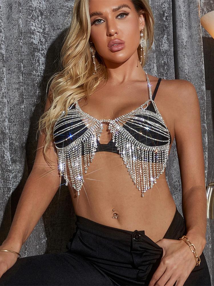 

Work Dresses SRUBY Sexy Y2k See Through Rhinestone Tassel Summer Halter Crop Top Women Chain Party Club Hollow Bralette Backless Ladies Tops, Silver