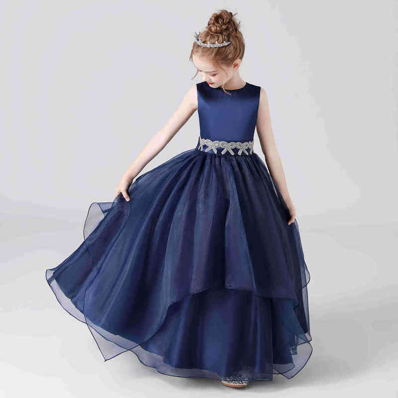 

Sashes Beaded Bow Organza Satin Flower Girls Dresses Tulle Princess Formal Kids Birthday Party Gown Navy Blue Pleats 220609