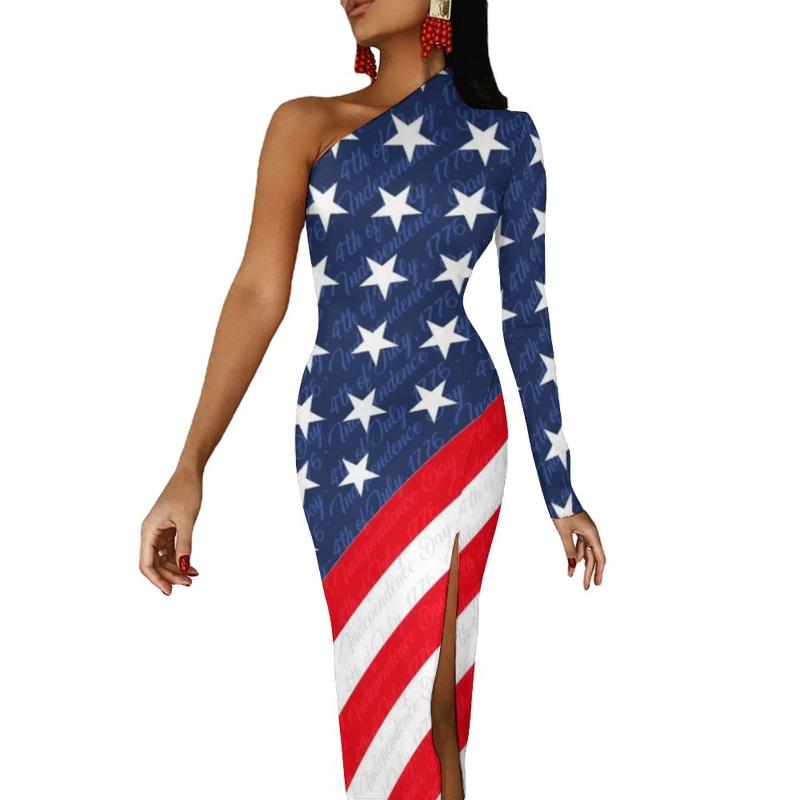 

Casual Dresses Star Flag Pirnt Maxi Dress One Shoulder USA 4th Of July Independence Day Night Club Bodycon Autumn Streetwear Long DressesCas, Style-6