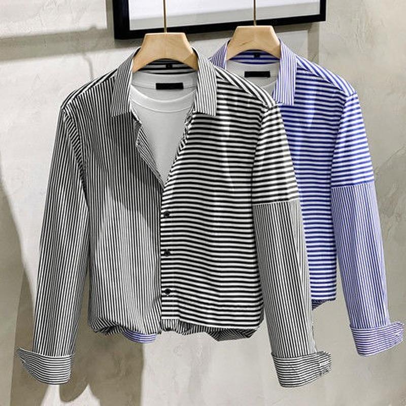 

Men's Casual Shirts Autumn Striped Shirt Men's Long Sleeve Slim Fit Non Iron Business Office Dress Formal Harajuku Korean ShirtMen's, Black