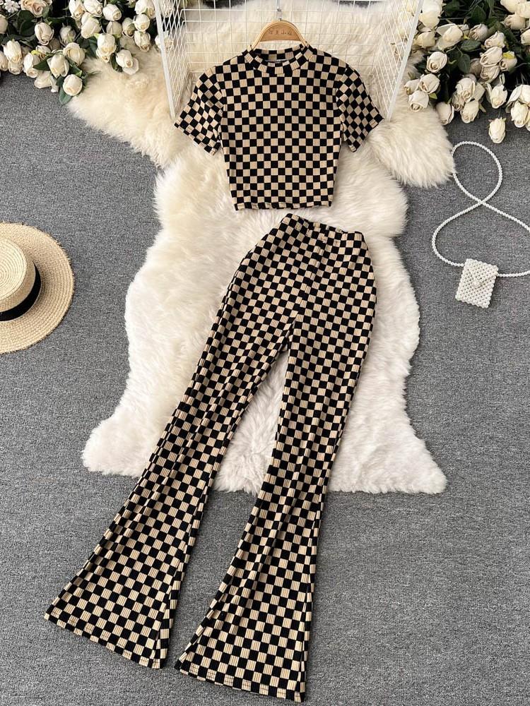 

Women's Two Piece Pants Summer Women Fashion Vintage Plaid Set Short Sleeve Slim Tops & High Waist Long Flared SuitsWomen's, Brown