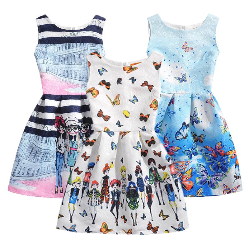 

Girl's Dresses Summer Girls Dress Sleeveless Cartoon Princess Party For Vestidos Teenagers Butterfly Print Baby Girl ClothesGirl's, Blue