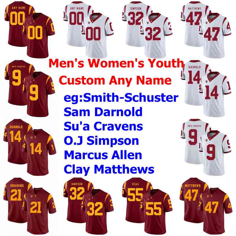 

USC Trojans Jerseys Mens Womens Smith-Schuster Jersey Sam Darnold Su'a Cravens O.J Simpson College Football Jerseys Custom Stitched, Youth white
