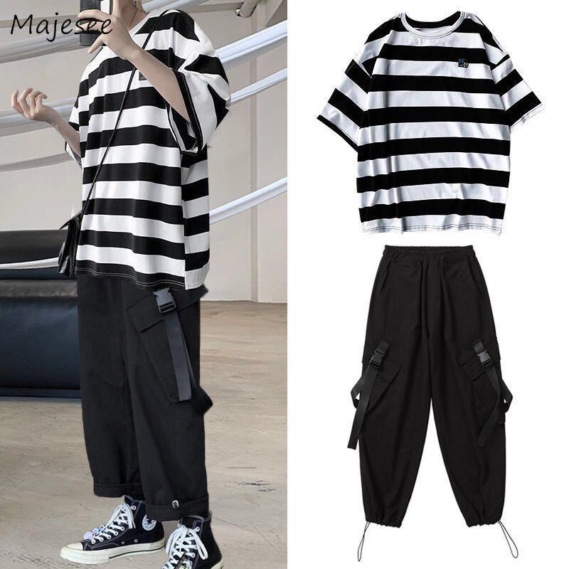 

Men Sets Striped Ankle length Trousers Plus Size 3XL Summer Korean Hip hop Chic Leisure Fashion Loose Safari style Teens Ins 220615, Black sets