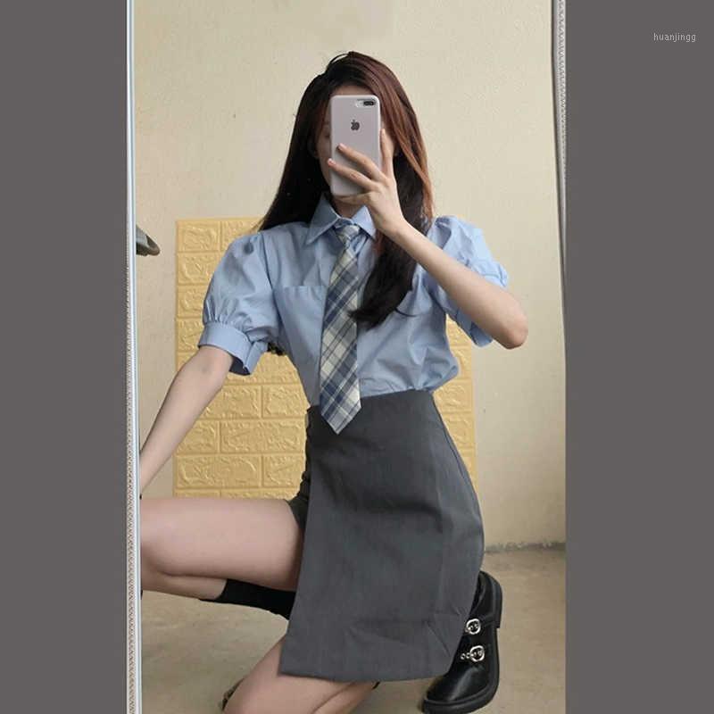 

Women' Blouses & Shirts Net Red Fried Street Two Piece Suit Spring 2022 Style Foreign Blue Shirt Irregular Short Skirt College, Skirt piece