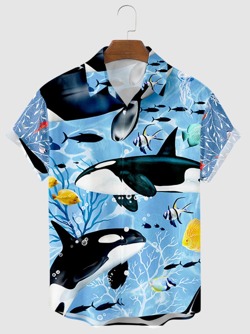 

Men's Casual Shirts Cross-border Killer Whale Creative Printing Short Sleeve Stripe Summer Loose Shirt Men's WearMen's