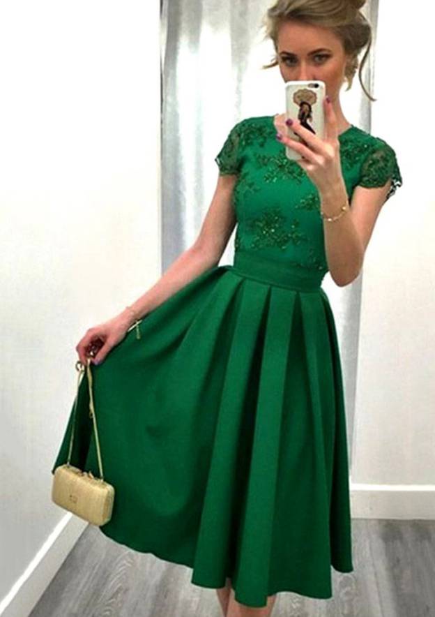 

A-line Dark Green Prom Dresses Jewel Neck Short Sleeves Lace Backless Knee Length Party Gowns, Water melon