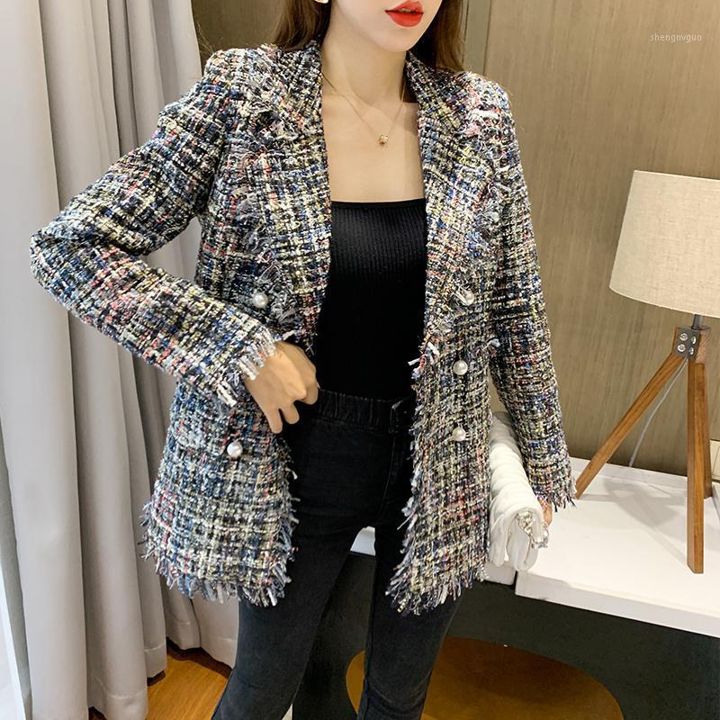 

Runway Designer Women Tweed Jacket Coat Autumn Turn Down Collar Pearl Button Tassel Plaid Female Woollen Outerwear, Navy blue
