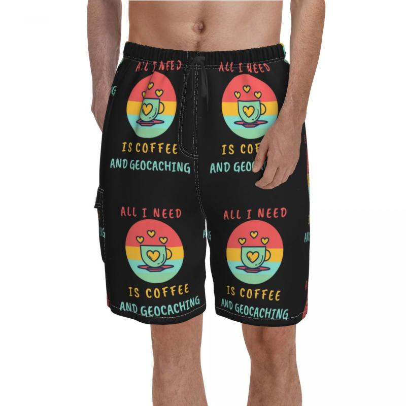 

Men' Shorts All I Need Is Coffee And Geocaching Board High Quality Printing Beach Men' Elastic Waist Swimming TrunksMen