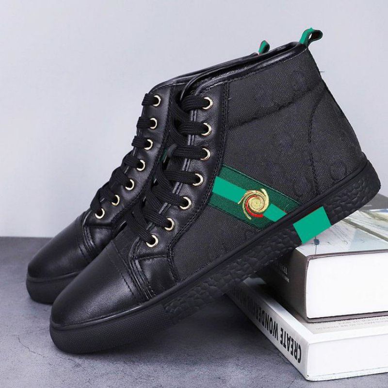 

High-top Sneakers Men Shoes PU Round Toe Flat Lace-up Fashion Trend Personalized Printing Color Matching Decoration Outdoor Comfortable Casual Shoes HM244, Black