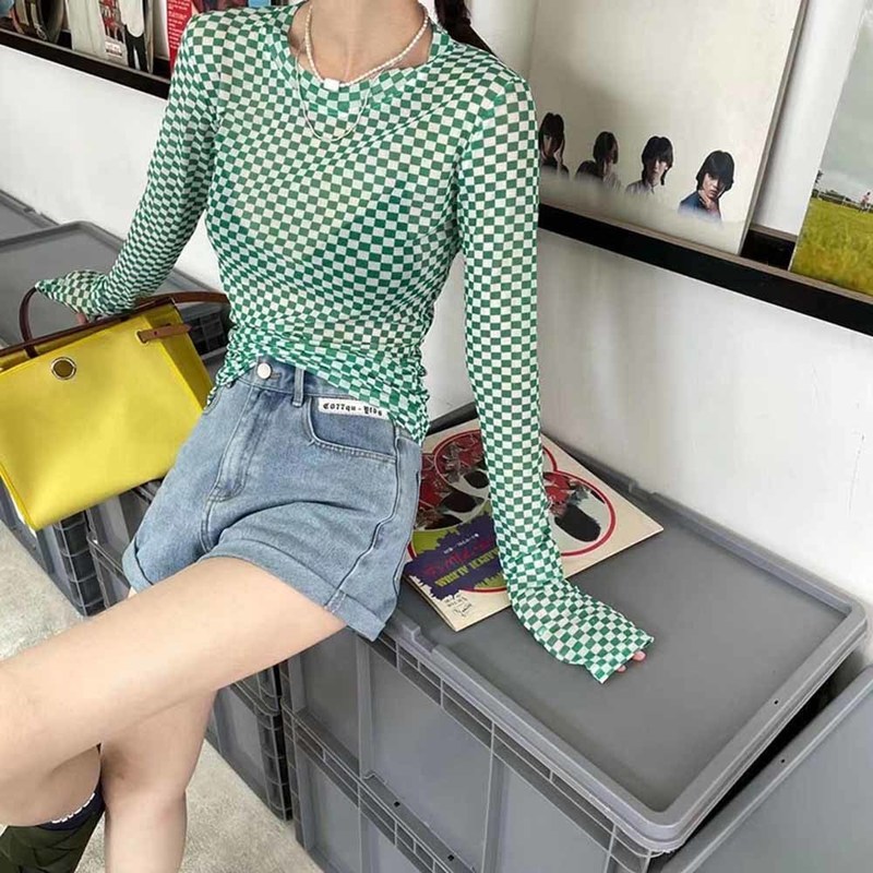 

Plaid Print Slim Women's T-shirt Perspective O Neck Long Sleeve Casual Shirt Female Sun Protection Clothing 2022 Fashion New 0613, Black