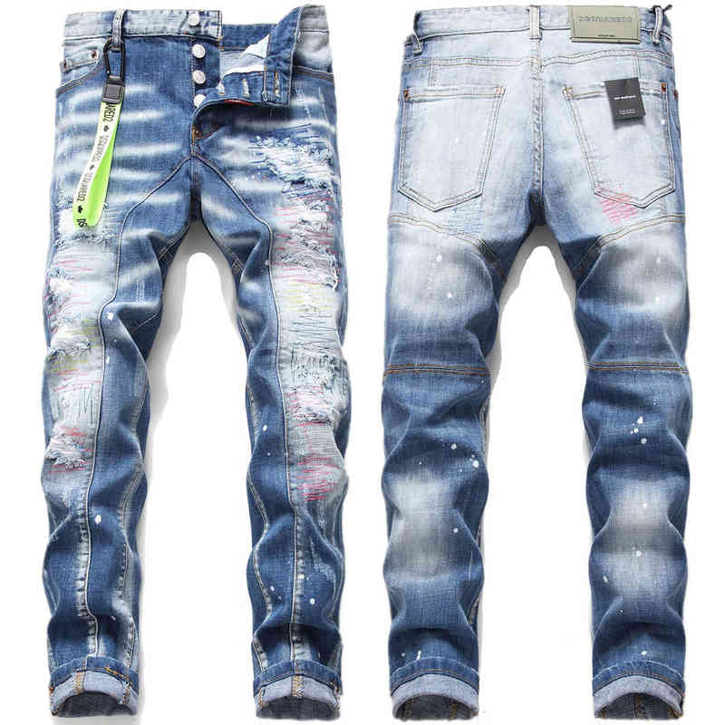 

2022 Brand Mens Denim Pants Mens Fashion Casual Slim Fake Zipper Hole Jeans Vintage Stretch Denim Trousers Streetwear 1, Sky blue