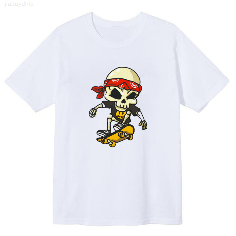 

Drew Skeleton Pirate Skateboard Smiling Face Print Short Sleeve Men and Women Lovers Loose Round Neck Leisure High Street Fashion T-shirt, White
