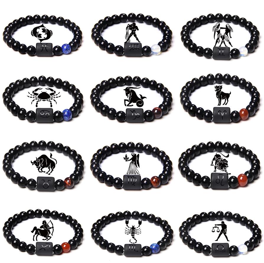 

12 Constellation Zodiac Bracelets Signs Beads Strands Couples Bracelet Natural Black Onyx Stone Elastic Charm Bracelet for Women Men Birthday Gift