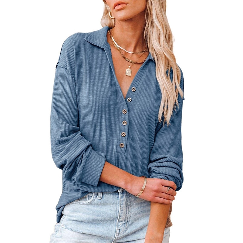 

Autumn Winter Henley Shirts Women Casual V Neck Long Sleeve Button Down Ribbed Knit Tops Solid Vintage Loose Pullover Shirt 220321, Sky blue
