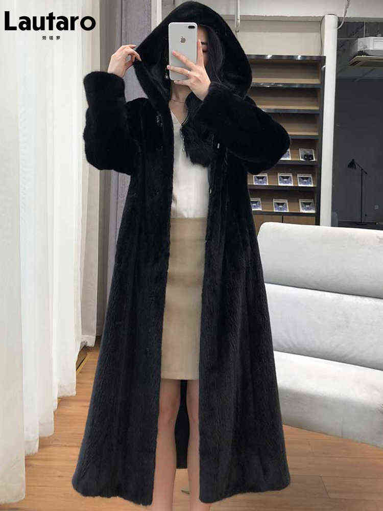 

Lautaro Winter Extra Long Black Thick Warm Faux Mink Fur Coat Women With Hood Long Sleeves Plus Size Korean Fashion Overcoat 2xl 3xl 4xl 5xl J220727
