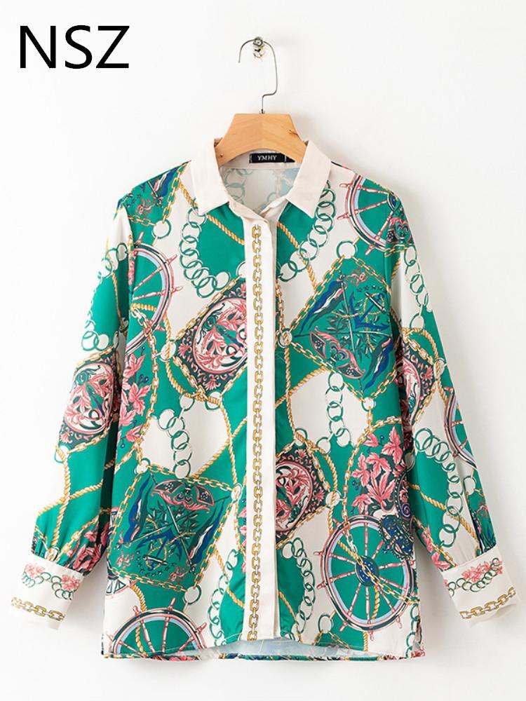 

Women Boho Tunic Print Chain Blouse Long Sleeve Turn Down Oversize Shirt Office Work Ladies Top Camisa Mujer, Dark green