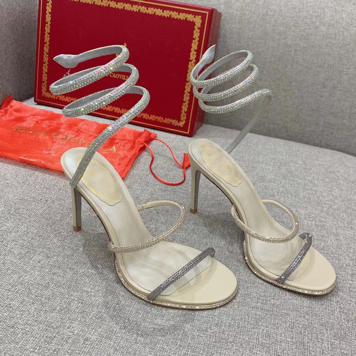 

Strass rene Rhinestone Snake stiletto sandals Rene Caovilla Cleo 95mm Evening shoes women's high heels Ankle Wraparound luxury designer factory shoe With box, 6#