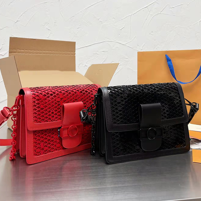 

Designer Women Dauphines Hollow Messenger Bag Luxurys Designers Bags Paris Brand Hollow Out Grid Leather Crossbody Handbags Lady Double Straps Shoulder Handbag, Red