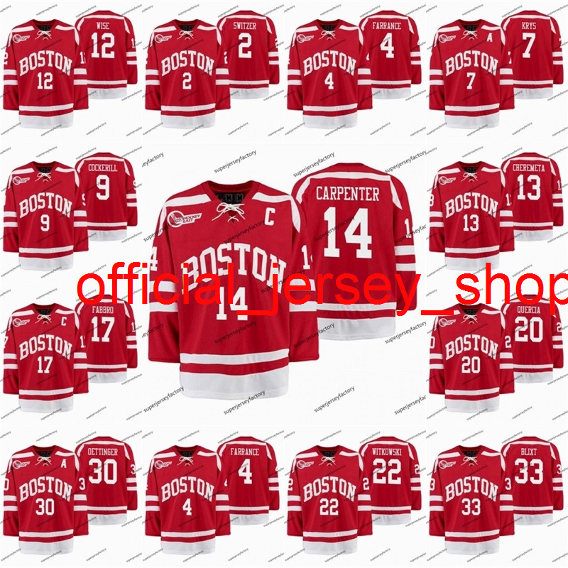

University Terriers Scarlet Hockey Tournament Jersey 14 Bobo Carpenter 7 Chad Krys 17 Dante Fabbro 30 Jake Oettinger Cam Crotty