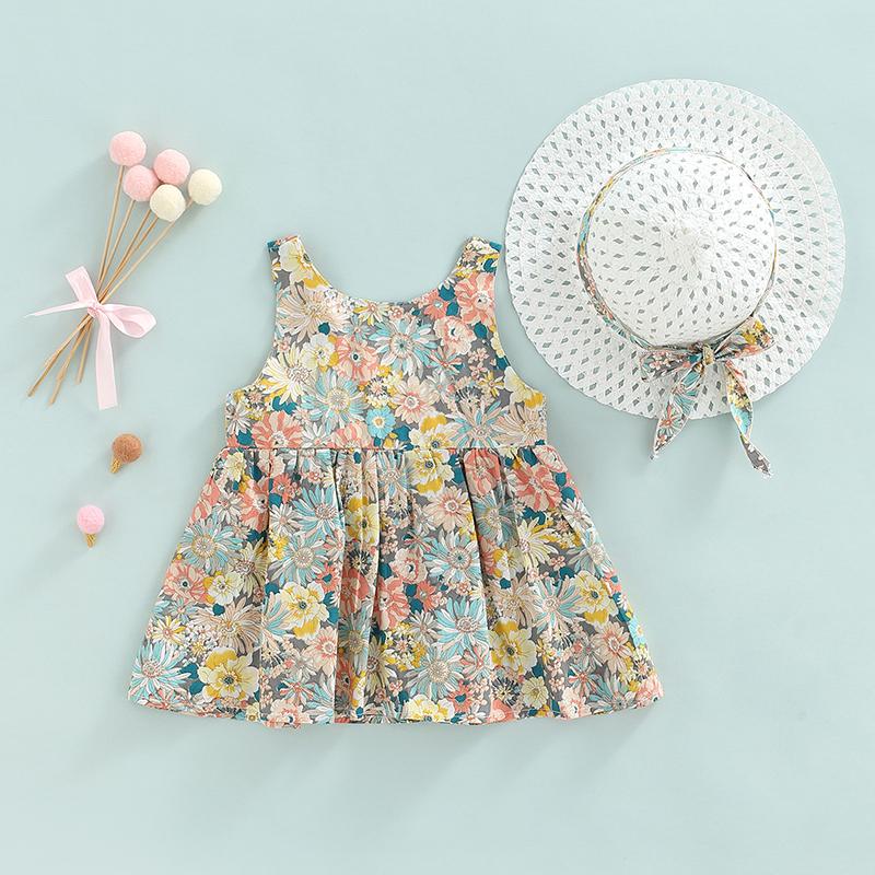 

Girl's Dresses Cute Girls Dress With Bucket Hat Floral Print Sleeveless Big Hem Skirt Bow Knot Decor Fashion Summer A-Line DressesGirl's, Blue
