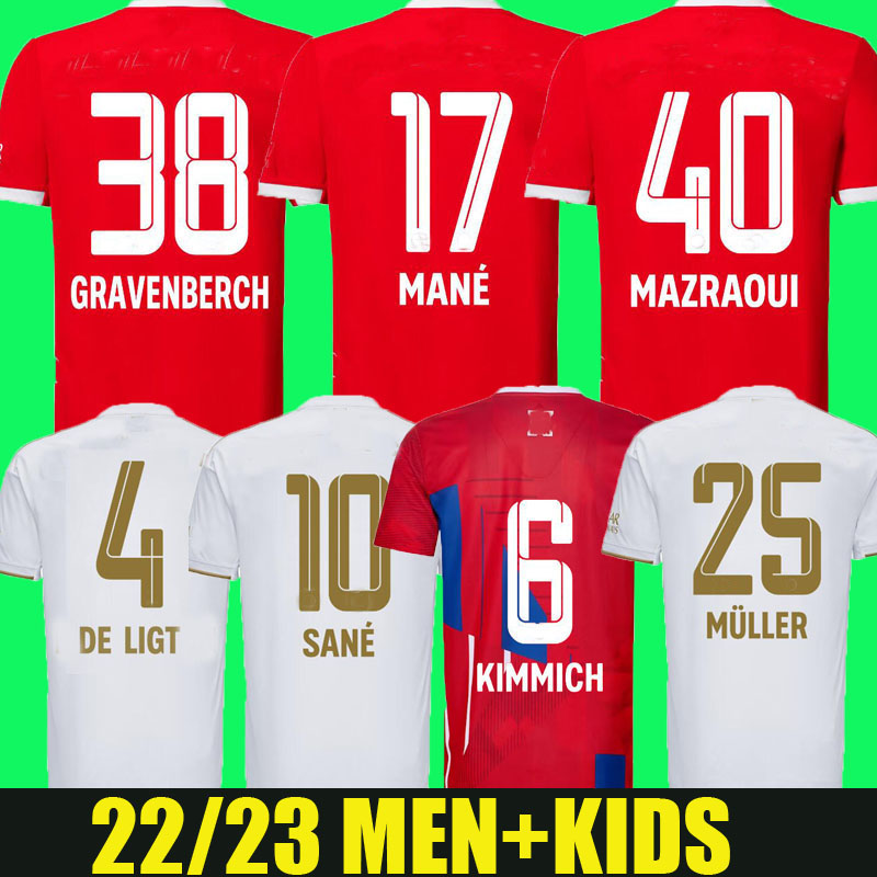 

DE LIGT soccer jerseys 22 23 GRAVENBERCH SANE BAYERN MUNICH Mazraoui MULLER DAVIES KIMMICH football MANE shirts Men Kids kit COMAN 2022 2023 uniform fans player away, Away 1