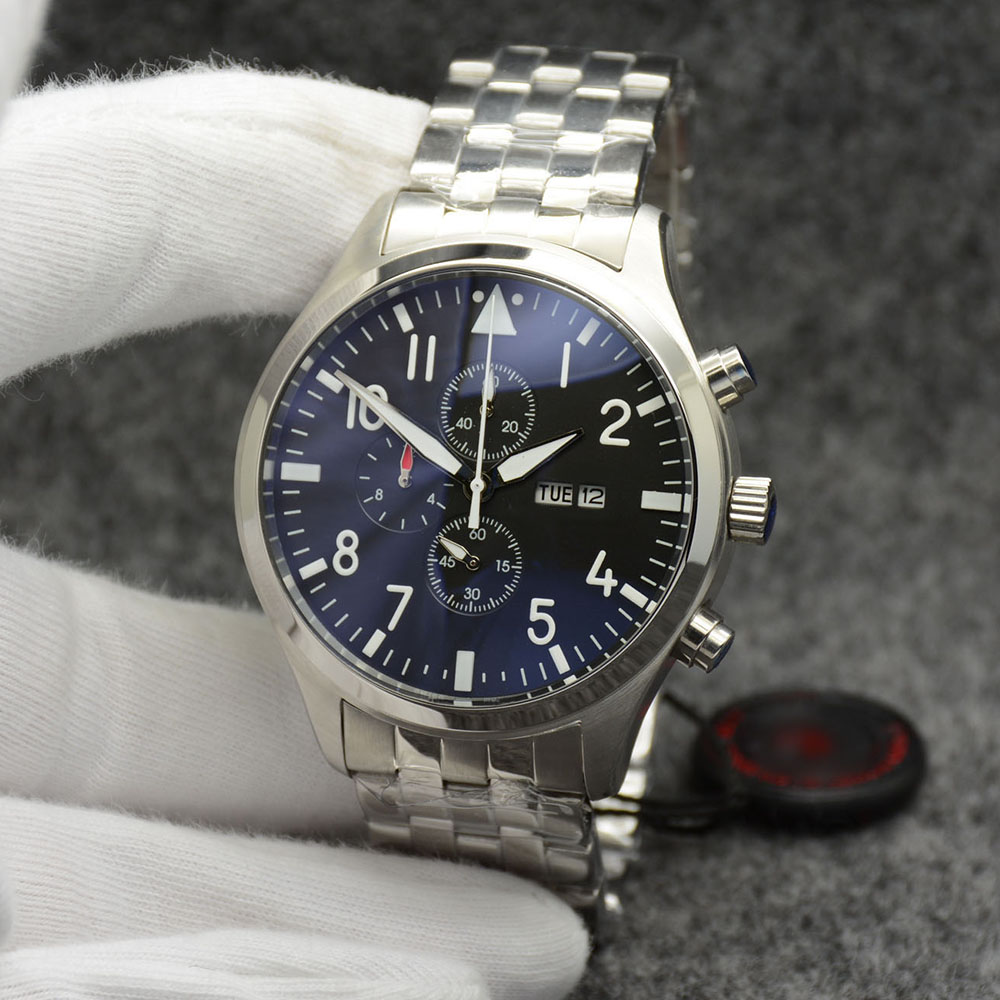 

Pilots Watch Chronograph sports Battery Power limited Day Date Watch Black Dial Quartz Professional Dive Wristwatch Stainless Steel Strap Men Watches