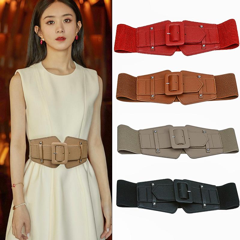 

Belts Female Wide Elastic Waistband Pin Buckle Belt For Women Cinch Waist Stretch Band Overcoat Dress Clothing Decorate Seal, Brown