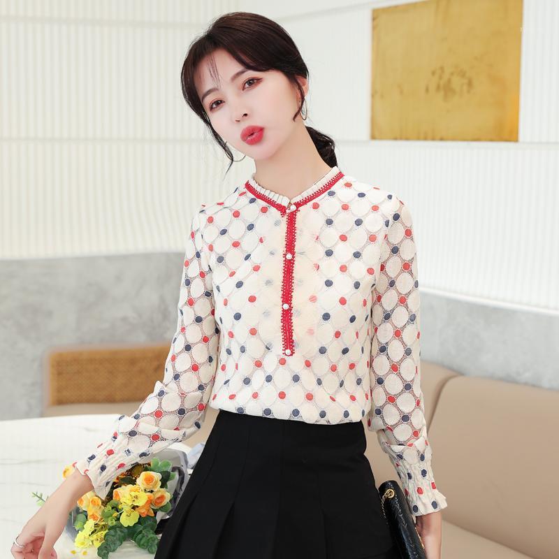 

Full Sleeve Blouse Women Lace Polka Dot O-Neck Blusas Womens Tops And Blouses Apricot 8068 Women' & Shirts