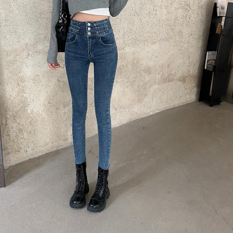 

Women Harajuku Solid Blue Pencil Pants Spring High Waist Y2k Jeans Mujer Fashion Office Lady Skinny Denim Trousers P422