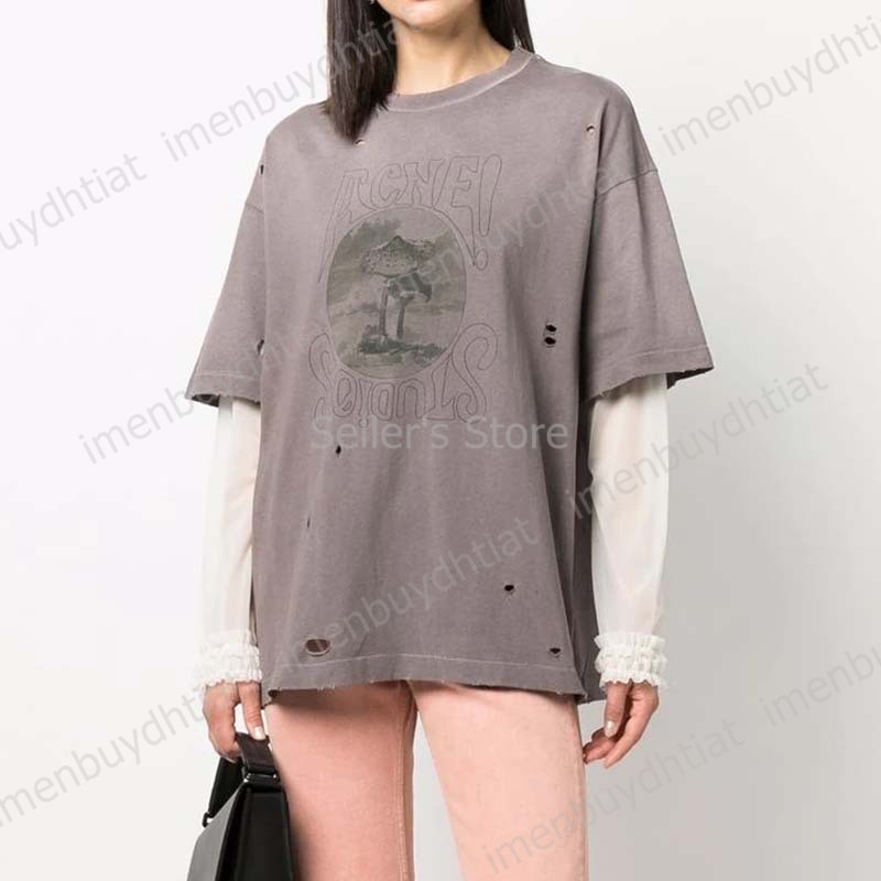 2022 Nordic Luxury Brand Ac Studios Summer Short Sleeve t Shirt Minority Women's Fashion Fold Fake Two Pieces of Perforated Screen Printed