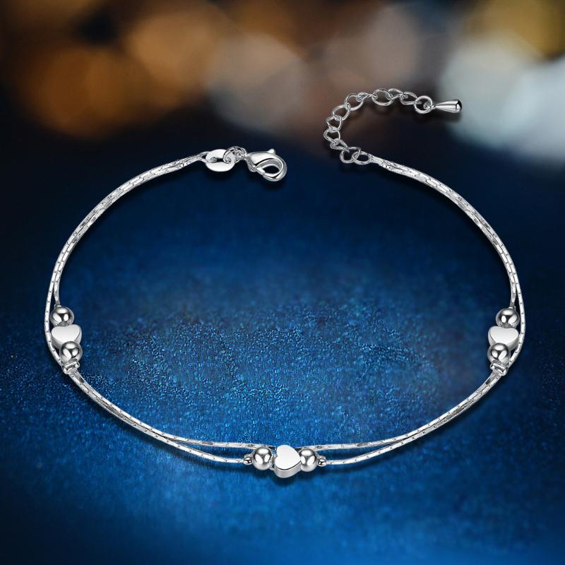 

Link Chain Romantic Double Layer Heart Silver Color Charm Bracelets For Women Fashion Crystal Stamp GiftsLink