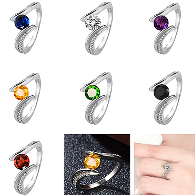 

Simple fashion set gem topaz red purple blue edge ring birthstone wedding Valentine's day ring