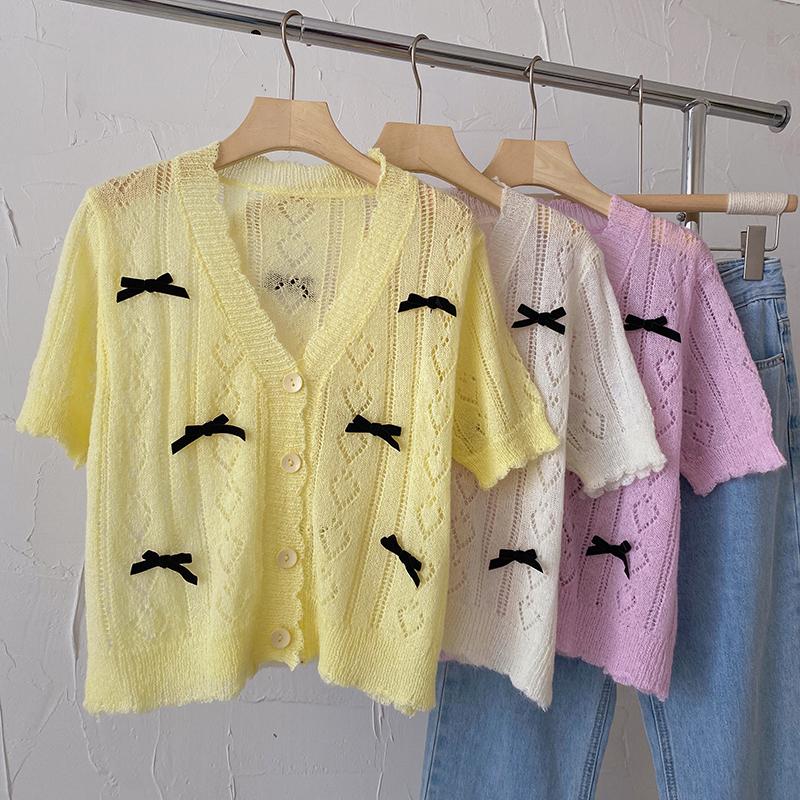 

Women's Knits & Tees Knitted Butterfly Cardigans For Women V Neck Single Breasted Tops Korean Fashion Short Sleeve Sweaters Woman Cardigan D, Yellow