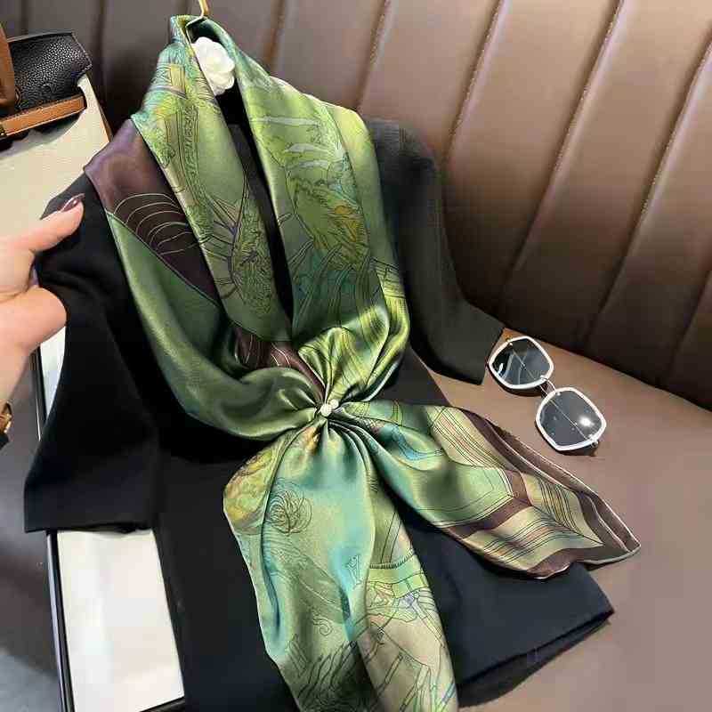 

Fashionable and versatile spring autumn dark green trend big square scarf silk 2022 with shawl outside