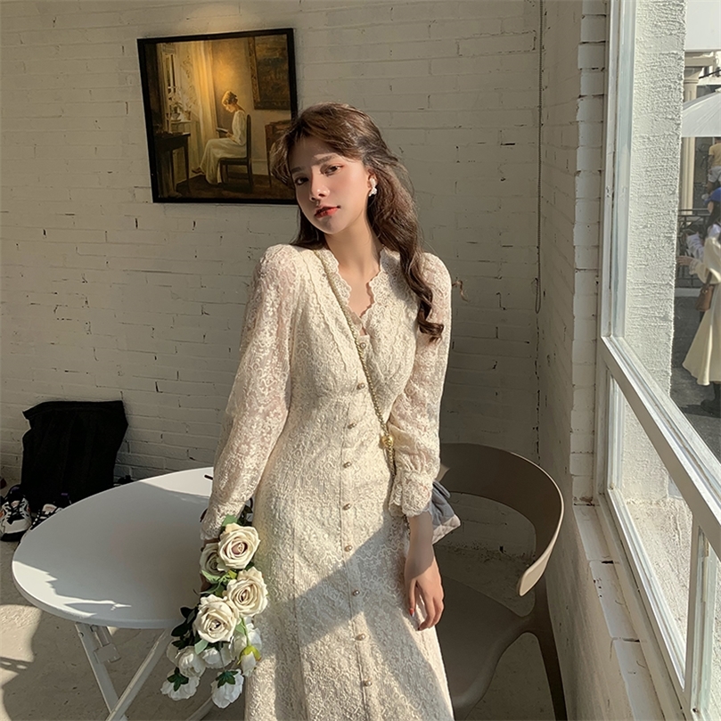 

Elegant Lace Long Sleeve Midi Dress Winter White Women V neck Korean Spring Evening Lady Party Fairy 220613, Beige
