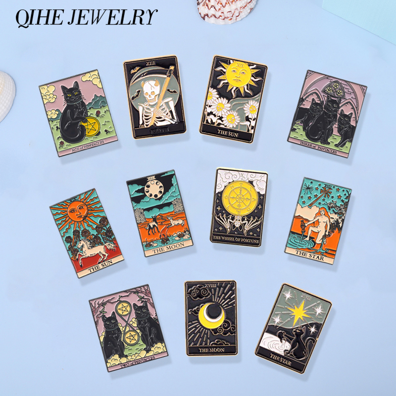 

Tarot Card Enamel Pin Brooches Set Halloween Dark Black Cat Punk Sun Moon Custom Badge Lapel Backpack Clothes Hat Jewelry Gift