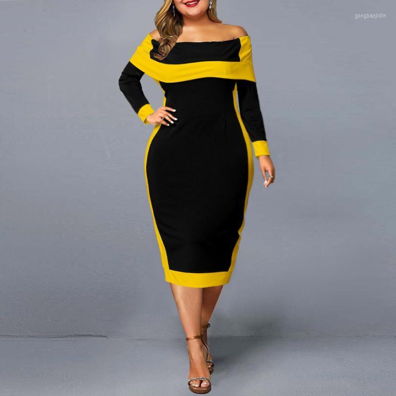 

Casual Dresses Plus Size Dress Elegant 2022 Women Off The Shoulder Mid Autumn Winter Lady Chic Christmas Club Party Yellow