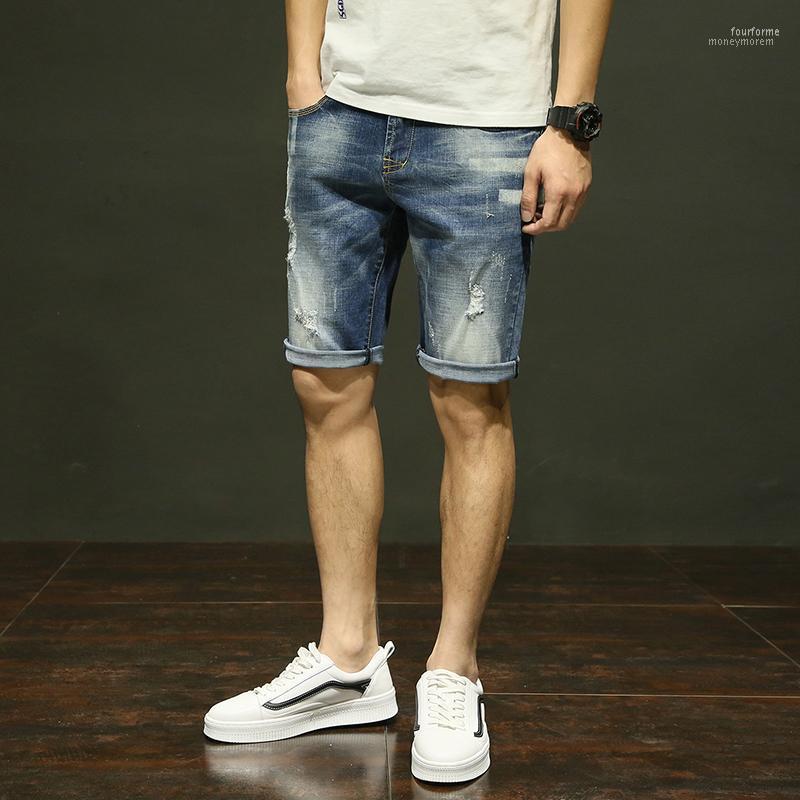 

Jeans Shorts Men 2022 Summer Casual Beach Mens Denim Pants Half / Knee Length Elasticity Scratched 28-36 #18211, Black blue