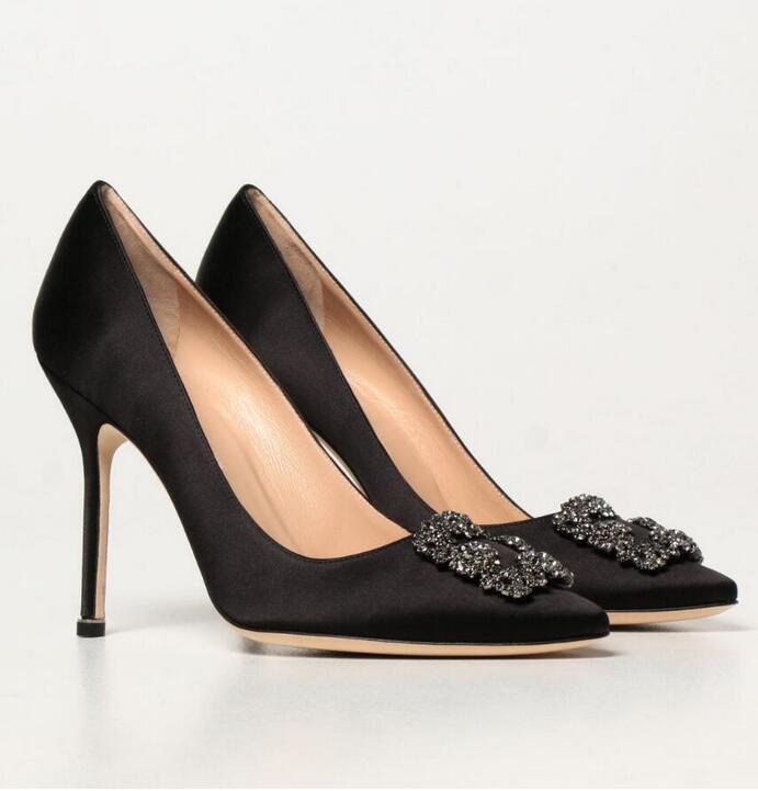 Femmes sandales d'été marques célèbres hangisi pompes en satin robe chaussures de fête de fête brillante joyeuse boucle haute talon talon lameri
