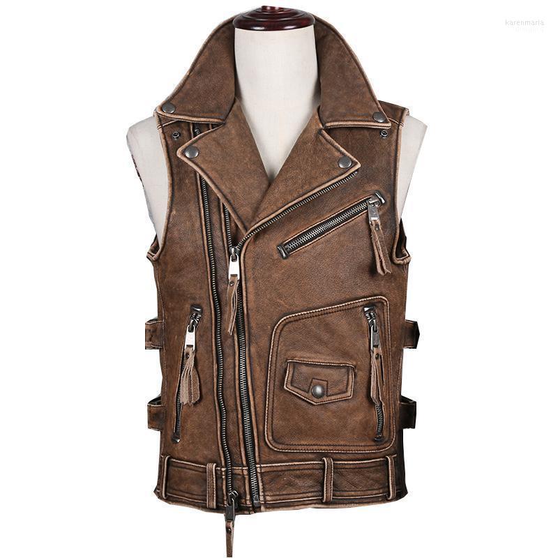 

Men's Vests 2022 Vintage Brown Men Biker's Leather Vest Large Size 5XL Genuine Thick Cowhide Autumn Slim Fit Short Motorcycle Kare22