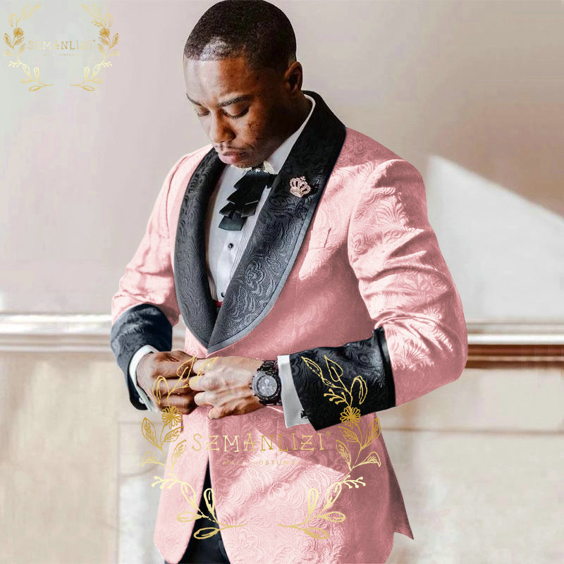 

SZMANLIZI 2022 Pink Floral Printed Wedding Tuxedos For Groomsmen Slim Fit Men's Groom Suits 2 Pieces Male Party Formal Man Blazer, As picture