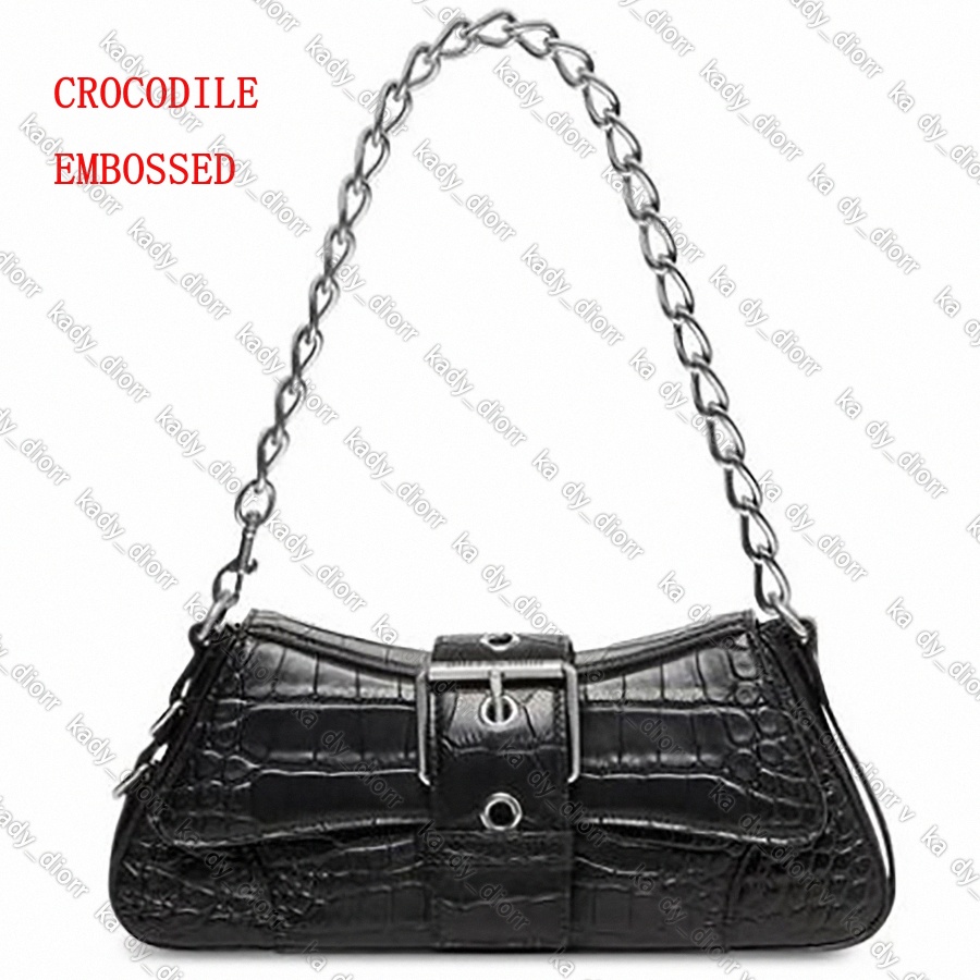 

lindsay small shoulder bag with strap CROCODILE EMBOSSED silver pleated black Curved flap Adjustable three hooks Decorative buckle belt luxury luxury 31Po#