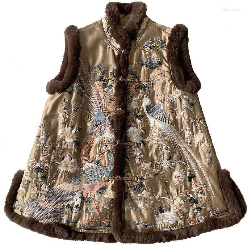 

Women's Vests Top Quality Vest Jackets 2022 Winter Warm Parka Down Coats Women Allover Exquisite Embroidery Fur Deco Casual Vintage Stra22, Khaki