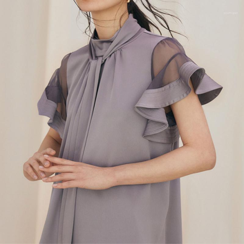 

Women's Blouses & Shirts Elegant Gentle Stand Collar Ribbon Design Women Blouse Ruched Ruffles Short Sleeve Loose Work Style Ol Summer Blusa, Beige