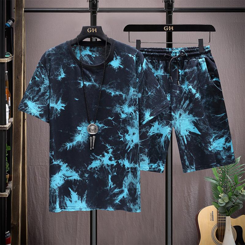 

Men's Tracksuits Short Sleeve Color Matching Suit Trend Men's Tie Dyed Round Neck Wear 2201Men's, Black