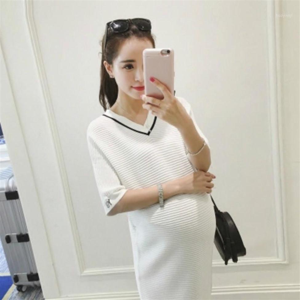 

Maternity Dresses Korean Style Trendy Summer V-neck Dress Long Cotton Pregnant Women Side Split Straight244z, Black