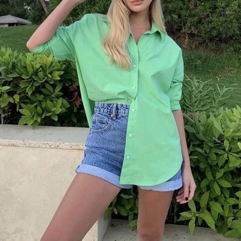 

Women' Blouses & Shirts XEASY 2022 Summer Women Vintage Cotton Green Oversize Blouse Female Streetwears Casual Single-Breasted Shirt Chic B
